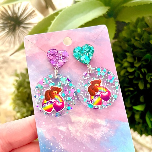 Lisa Frank Rainbow Bear Acrylic Earrings - Picture 2 of 5